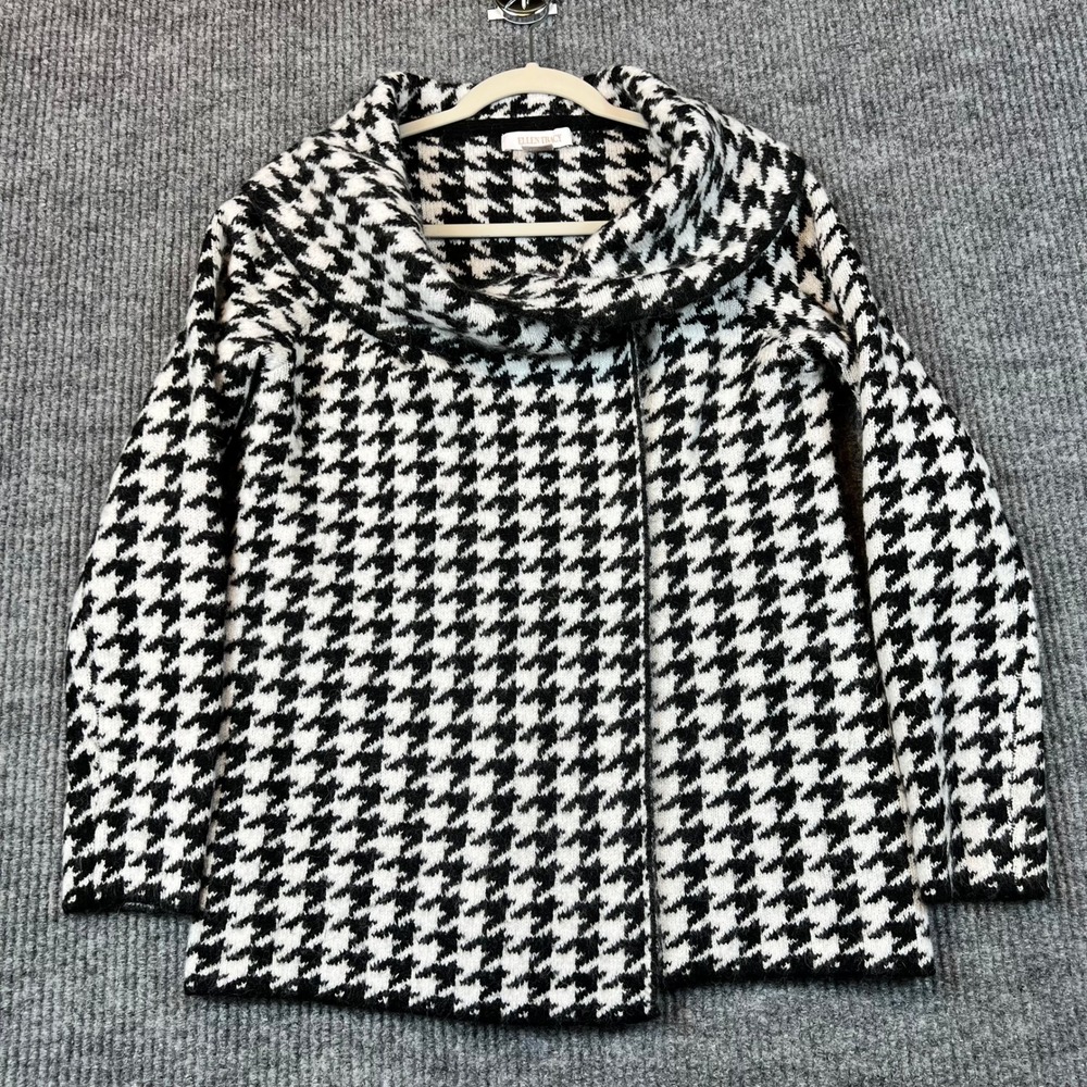 Ellen Tracy Cardigan Wool Blend Houndstooth Classic Dark Academia Cowl Neck S